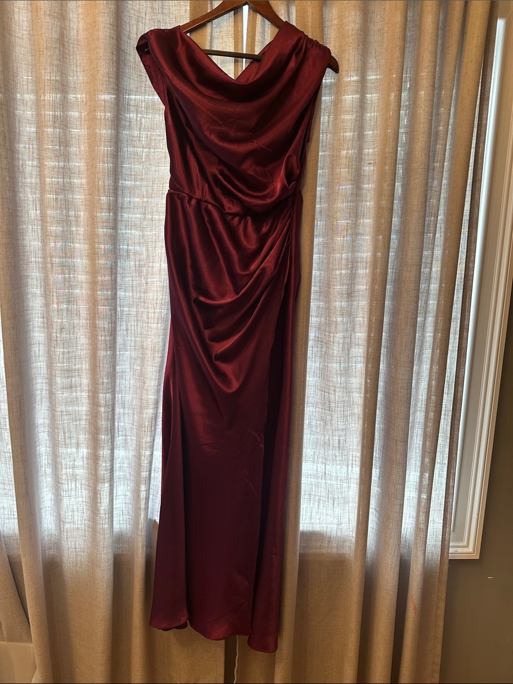 Elegant Burgundy Satin Cowl Neck Evening Dress